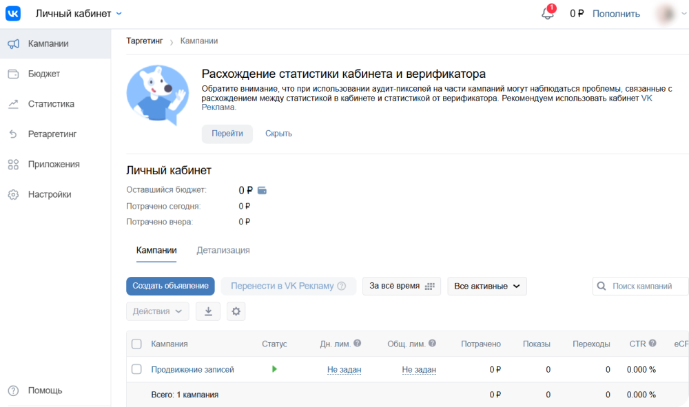 Так выглядит рекламный кабинет для настройки таргетинга «ВКонтакте»